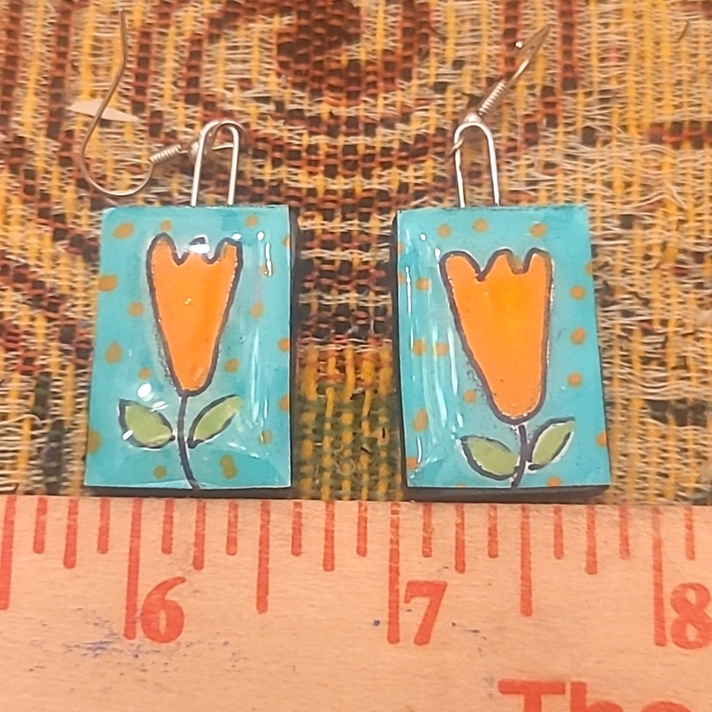 Tiny Original Art Earrings Floral Hand Painted Tulip Cottagecore